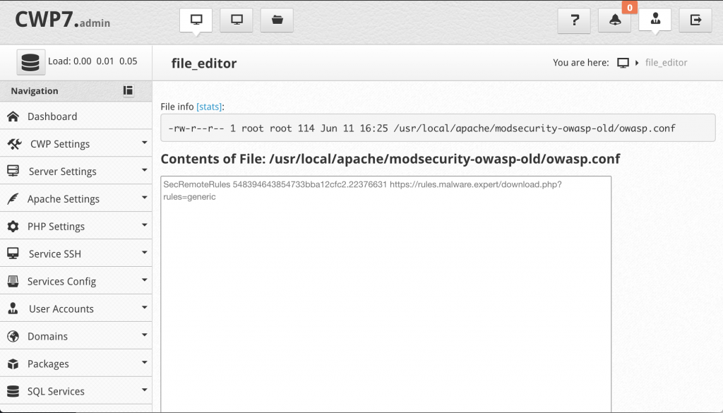 Centos Webpanel ModSecurity Owasp Configuration