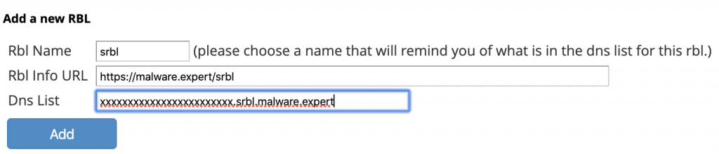 cPanel add custom srbl