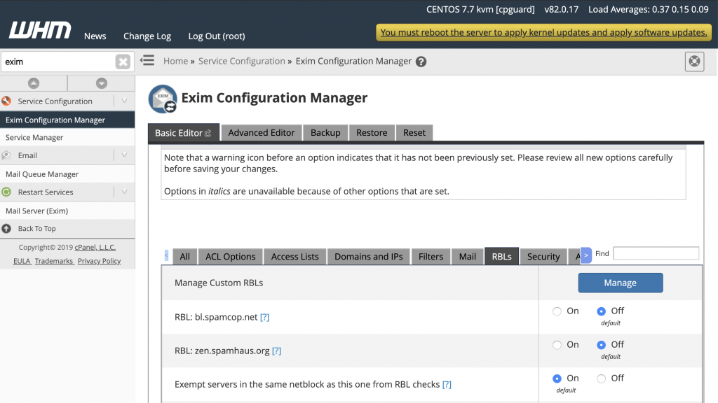 cPanel manage custom rbls