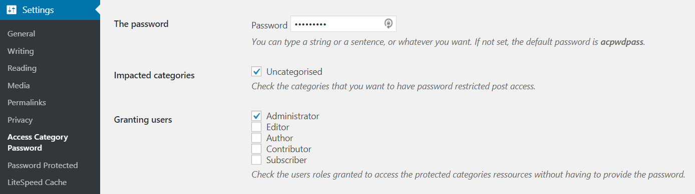 Wordpress Access category password