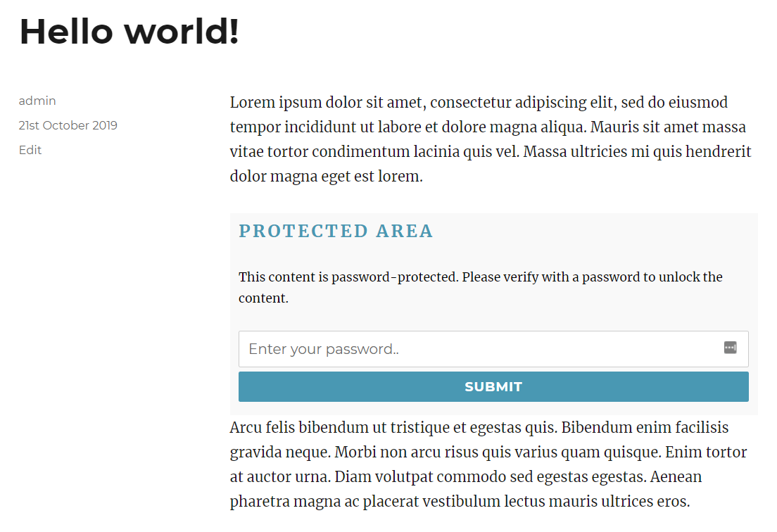 Wordpress Password Protected area