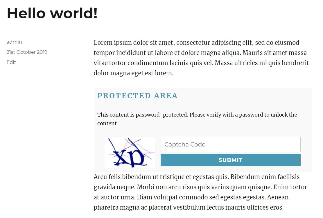 Wordpress captcha protected area